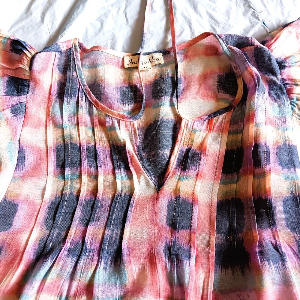 Cotton Boho Blue & Pink Indigo Rose Top w/Short Ruffled, Med. Great for Jeans.